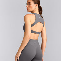 SoftMotion™ High Neck Sports Bra with Gray Logo | Ash Gray