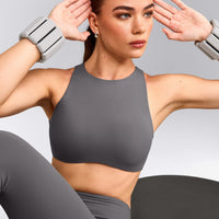 SoftMotion™ High Neck Sports Bra with Gray Logo | Ash Gray