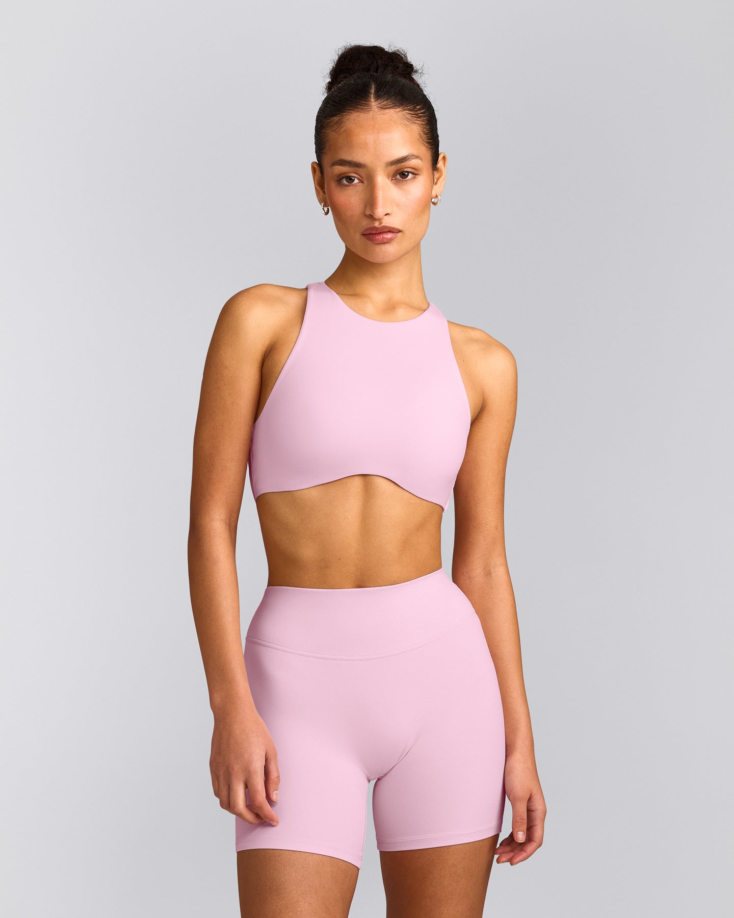 SoftMotion™ High Neck Sports Bra with Grey Logo | Chalk Pink