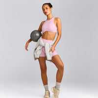 SoftMotion™ High Neck Sports Bra with Grey Logo | Chalk Pink