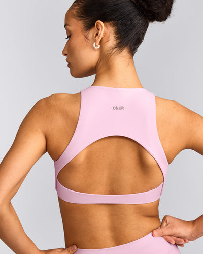 SoftMotion™ High Neck Sports Bra with Grey Logo | Chalk Pink