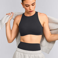 SoftMotion™ High Neck Sports Bra with Grey Logo | Coal