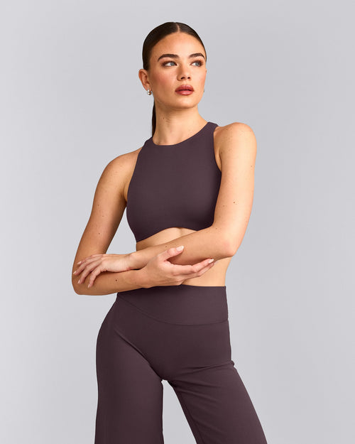 SoftMotion™ High Neck Sports Bra with Gray Logo | Dark Umber Brown