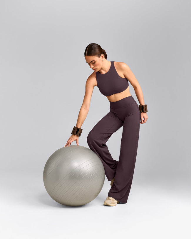 SoftMotion™ High Neck Sports Bra with Gray Logo | Dark Umber Brown