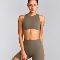 SoftMotion™ High Neck Sports Bra with Grey Logo | Moss Brown