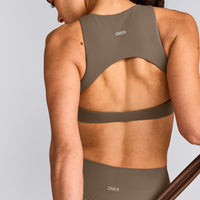 SoftMotion™ High Neck Sports Bra with Grey Logo | Moss Brown