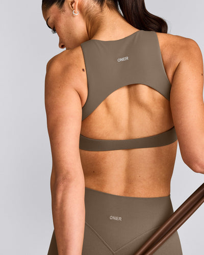 SoftMotion™ High Neck Sports Bra with Grey Logo | Moss Brown