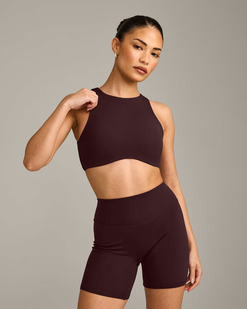 SoftMotion™ High Neck Sports Bra with Grey Logo | Plum Brown
