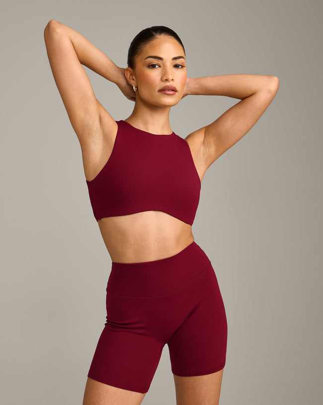 SoftMotion™ High Neck Sports Bra with Grey Logo | Ruby Red