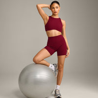 SoftMotion™ High Neck Sports Bra with Grey Logo | Ruby Red