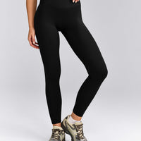 SoftMotion™ High Waisted Leggings with Gray Logo | Black