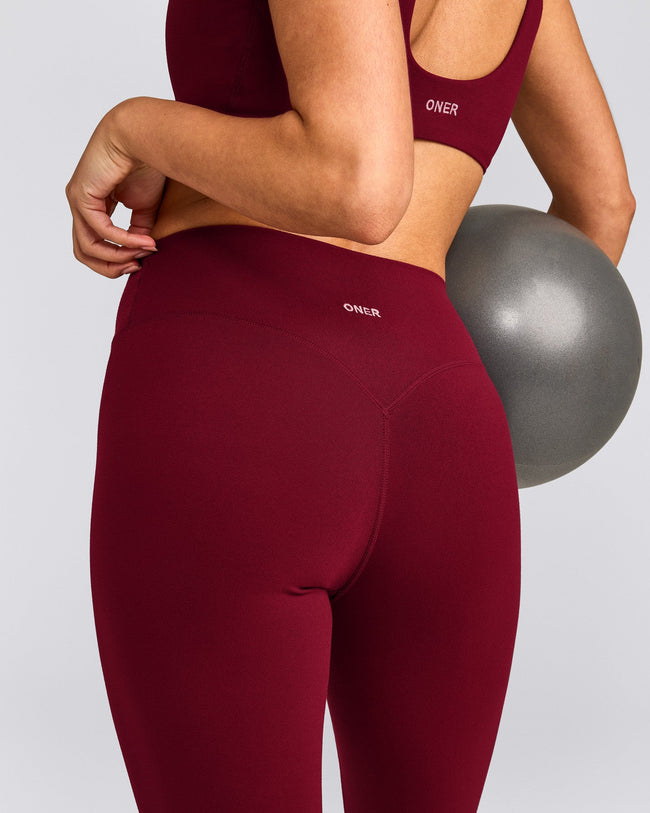SoftMotion™ High Waisted Leggings with Gray Logo | Ruby Red