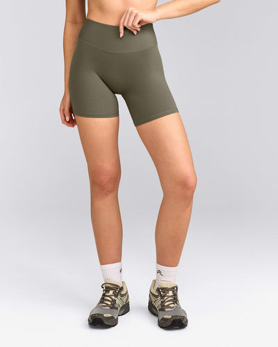 SoftMotion™ High Waisted Shorts 6" with Grey Logo | Alpine Green