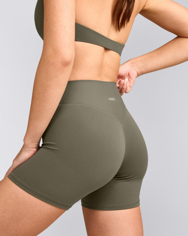 SoftMotion™ High Waisted Shorts 6" with Grey Logo | Alpine Green