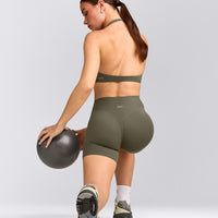 SoftMotion™ High Waisted Shorts 6" with Grey Logo | Alpine Green