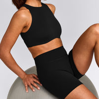 SoftMotion™ High Waisted Shorts 6" with Gray Logo | Black