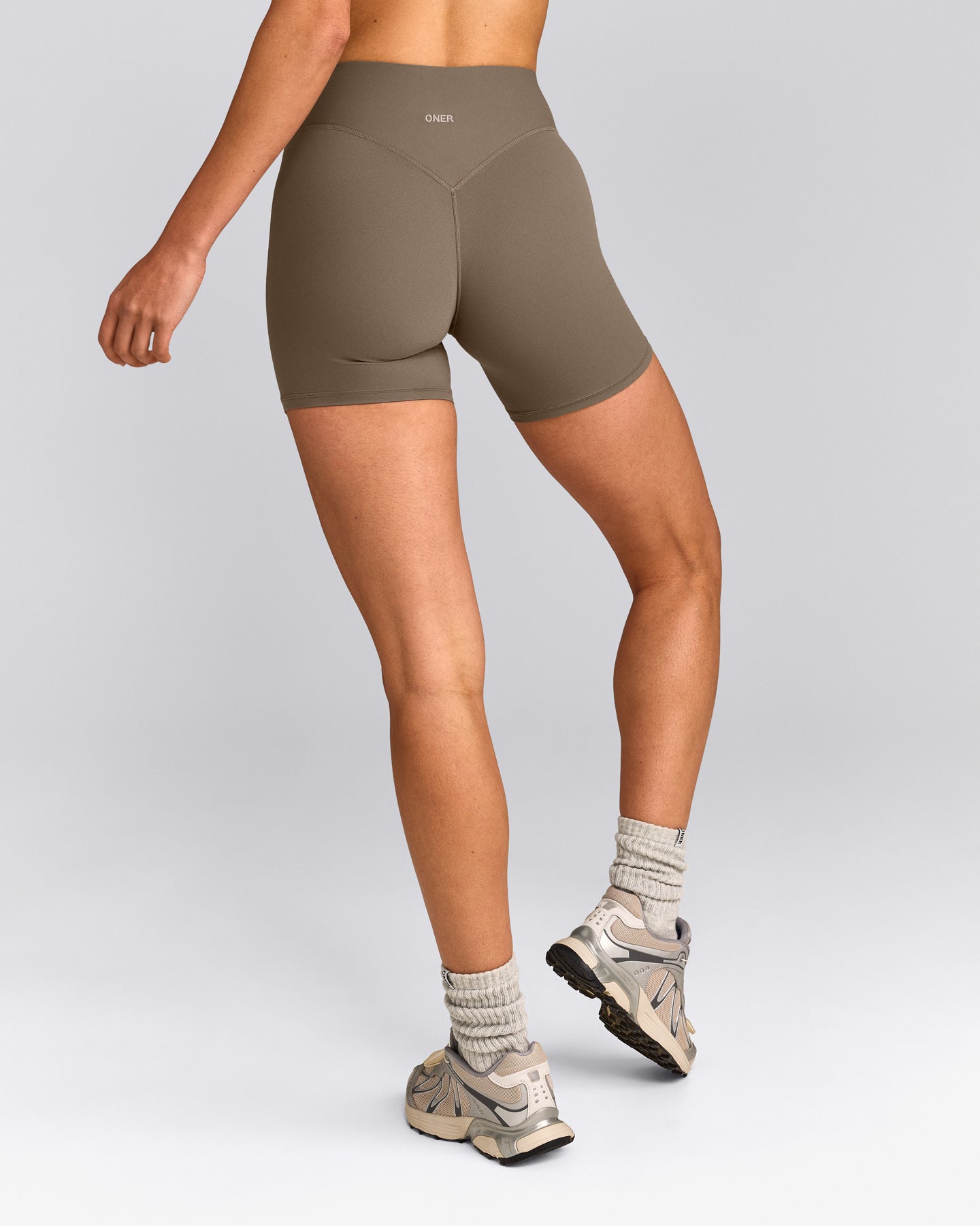 SoftMotion™ High Waisted Shorts 6" with Grey Logo | Moss Brown