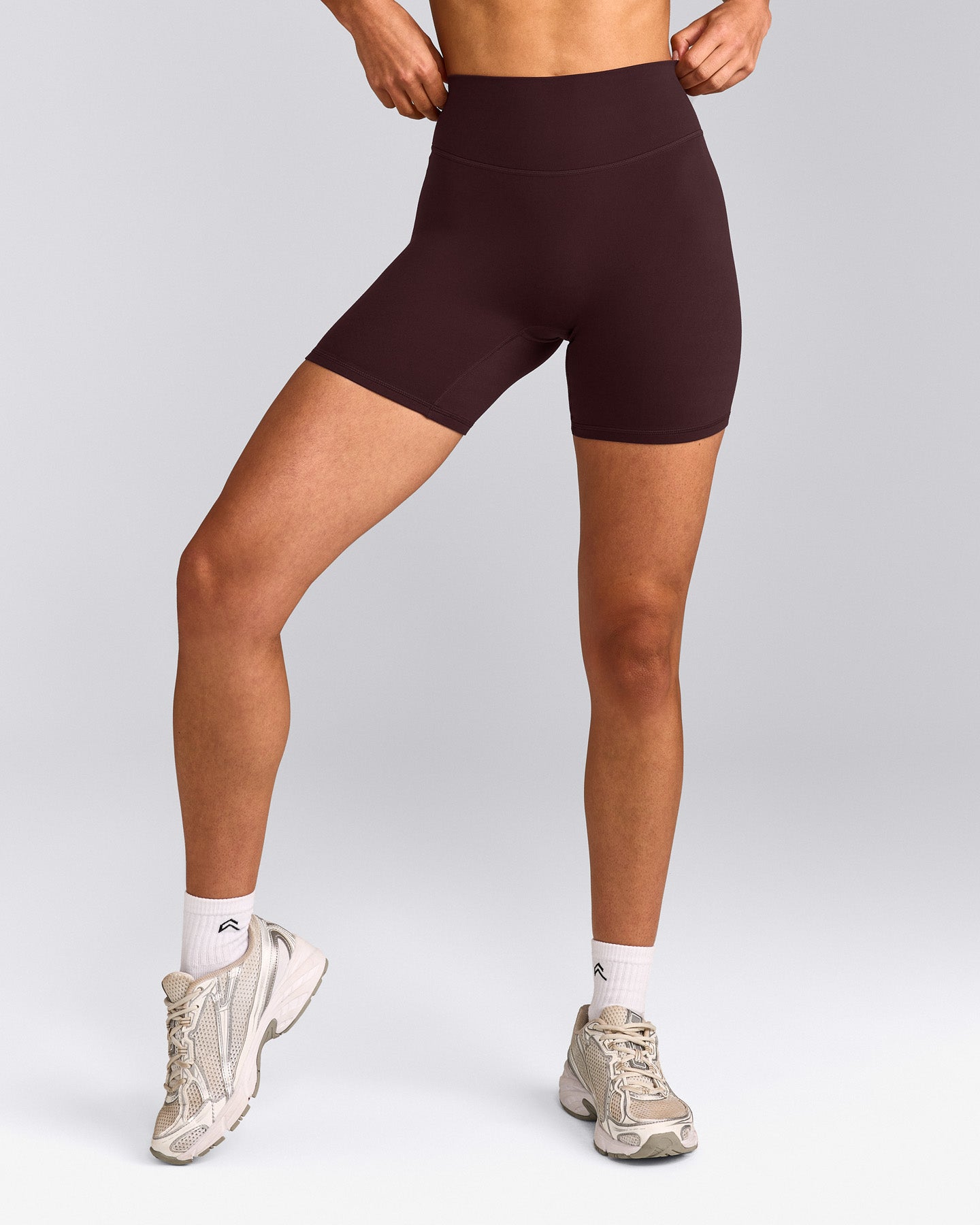 SoftMotion™ High Waisted Shorts 6" with Grey Logo | Plum Brown