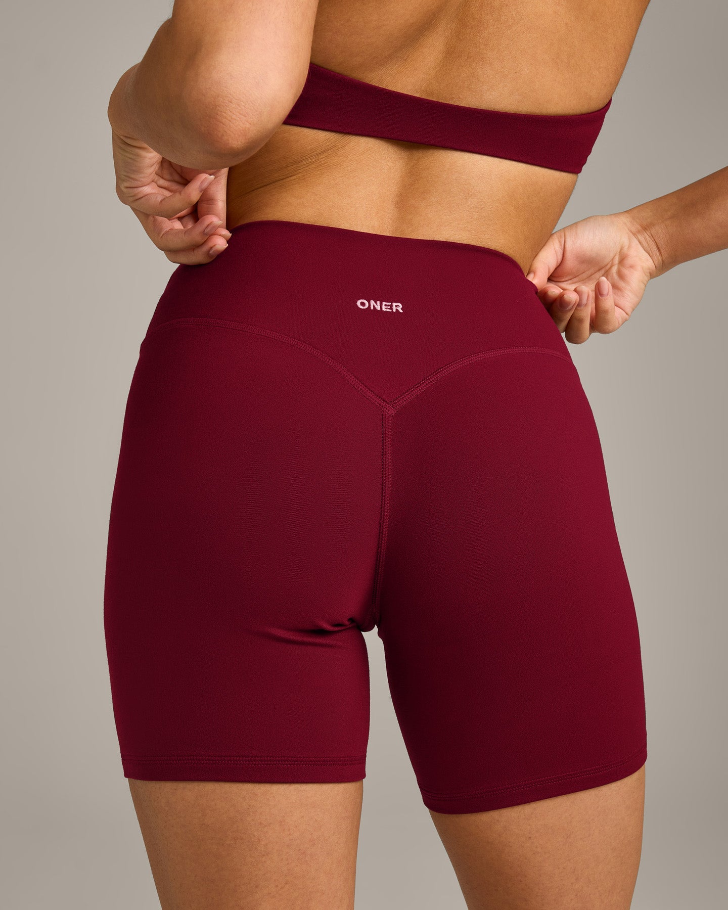 SoftMotion™ High Waisted Shorts 6" with Grey Logo | Ruby Red