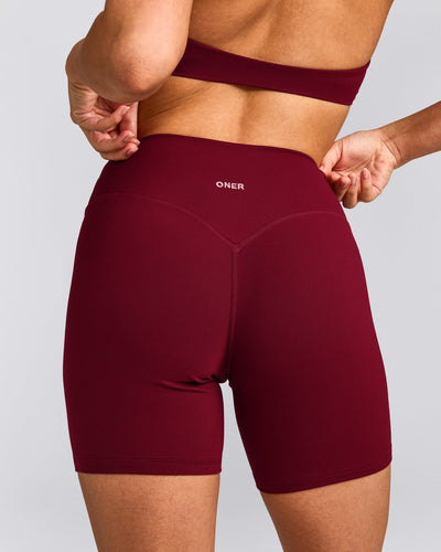 SoftMotion™ High Waisted Shorts 6" with Gray Logo | Ruby Red