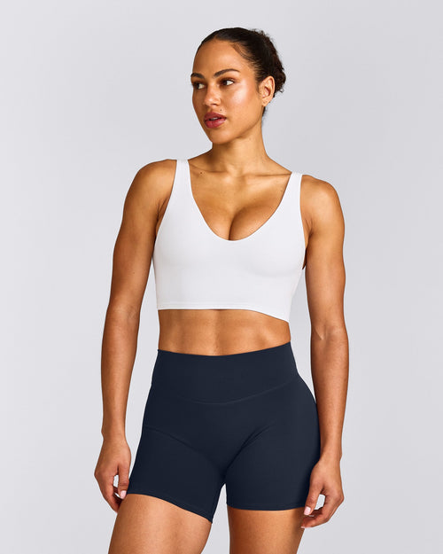 SoftMotion™ Longline Sports Bra with Gray Logo | White