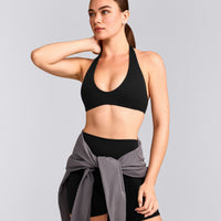 SoftMotion™ Minimal Halter Neck Bralette with Gray Logo | Black