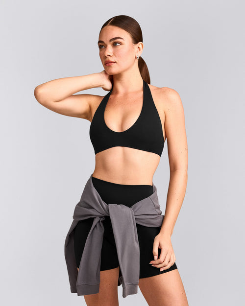 SoftMotion™ Minimal Halter Neck Bralette with Gray Logo | Black