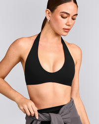 SoftMotion™ Minimal Halter Neck Bralette with Gray Logo | Black