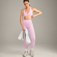 SoftMotion™ Minimal Halter Neck Bralette with Grey Logo | Chalk Pink