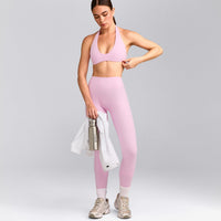 SoftMotion™ Minimal Halter Neck Bralette with Grey Logo | Chalk Pink