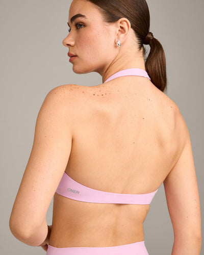SoftMotion™ Minimal Halter Neck Bralette with Grey Logo | Chalk Pink