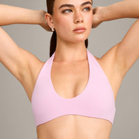 SoftMotion™ Minimal Halter Neck Bralette with Grey Logo | Chalk Pink