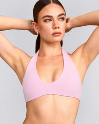 SoftMotion™ Minimal Halter Neck Bralette with Grey Logo | Chalk Pink