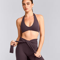 SoftMotion™ Minimal Halter Neck Bralette with Gray Logo | Dark Umber Brown