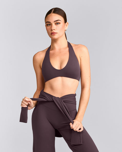 SoftMotion™ Minimal Halter Neck Bralette with Gray Logo | Dark Umber Brown