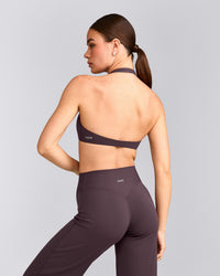 SoftMotion™ Minimal Halter Neck Bralette with Gray Logo | Dark Umber Brown