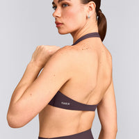 SoftMotion™ Minimal Halter Neck Bralette with Gray Logo | Dark Umber Brown