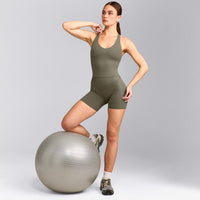 SoftMotion™ Racer Back Mid Tank Top with Built in Bra Shelf with Gray Logo | Alpine Green