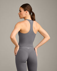 SoftMotion™ Racer Back Mid Vest with Built in Bra Shelf with Grey Logo | Ash Grey