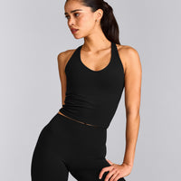 SoftMotion™ Racer Back Mid Tank Top with Built in Bra Shelf with Gray Logo | Black