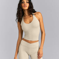 SoftMotion™ Racer Back Mid Tank Top with Built in Bra Shelf | Oatmeal