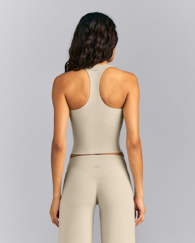 SoftMotion™ Racer Back Mid Tank Top with Built in Bra Shelf | Oatmeal