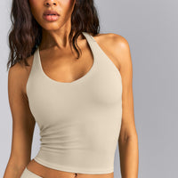 SoftMotion™ Racer Back Mid Tank Top with Built in Bra Shelf | Oatmeal
