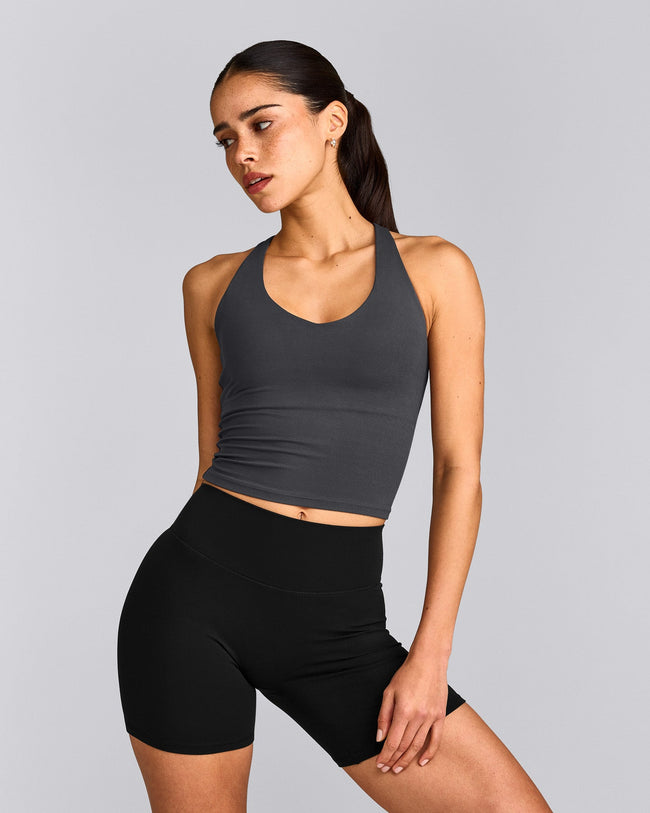 SoftMotion™ Racer Back Mid Vest with Built in Bra Shelf with Grey Logo | Coal