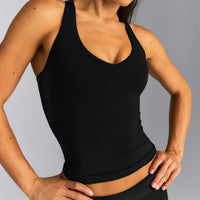 SoftMotion™ Racer Back Tank Top with Built in Bra Shelf New Branding | Black