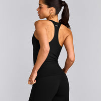 SoftMotion™ Racer Back Tank Top with Built in Bra Shelf with Gray Logo | Black