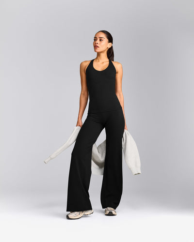 SoftMotion™ Racer Back Tank Top with Built in Bra Shelf with Gray Logo | Black