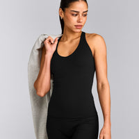SoftMotion™ Racer Back Tank Top with Built in Bra Shelf with Gray Logo | Black