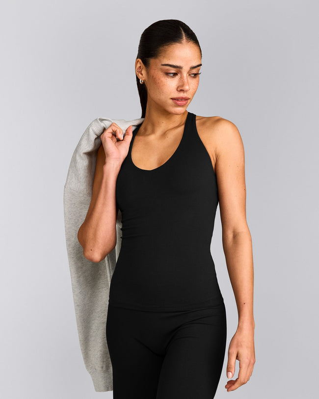SoftMotion™ Racer Back Tank Top with Built in Bra Shelf with Gray Logo | Black