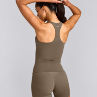 SoftMotion™ Racer Back Vest with Built in Bra Shelf with Grey Logo | Moss Brown